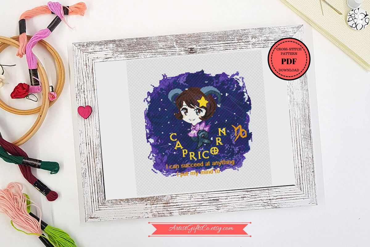 Zodiac Capricorn Cross Stitch pattern PDF, Astronomy Stitch example image 1