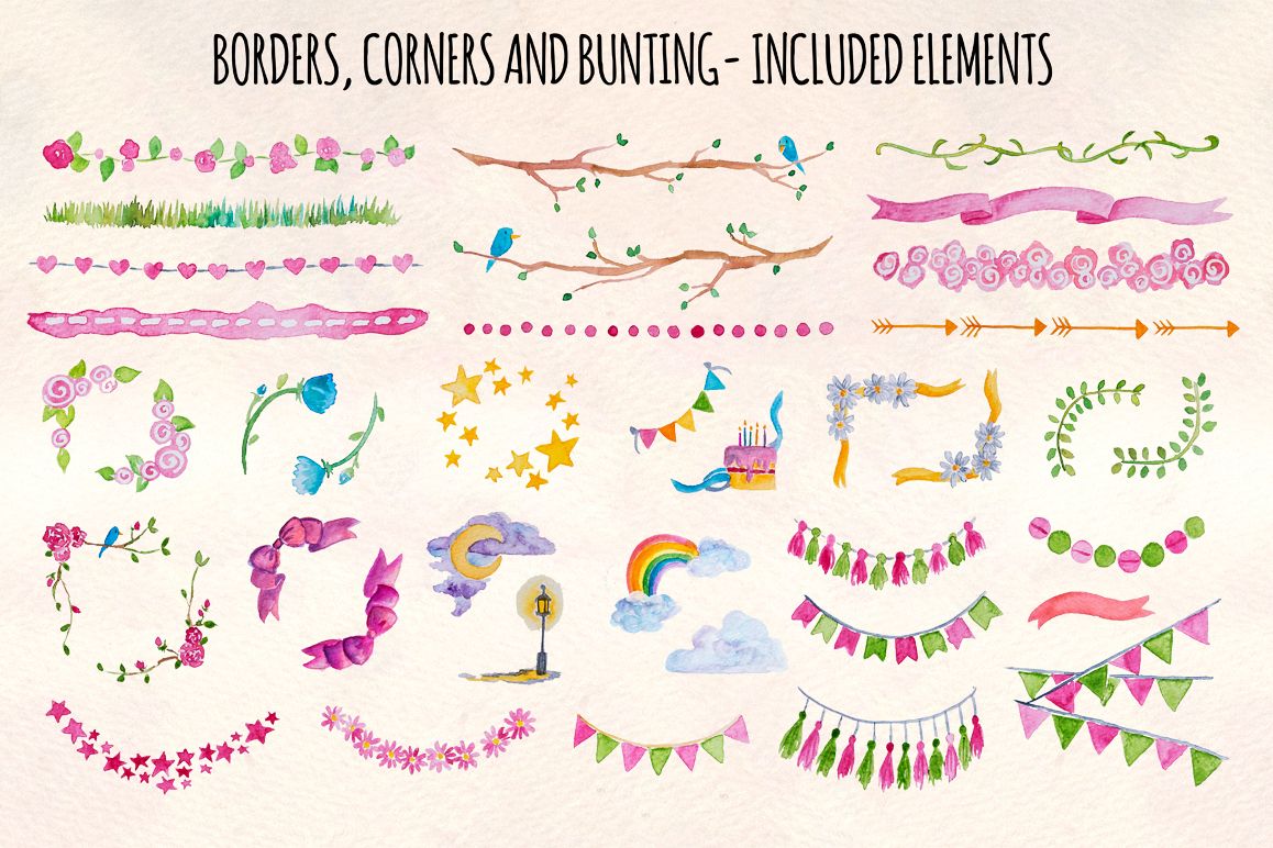 40 Handpainted Watercolor Borders, Corners and Bunting example image 1