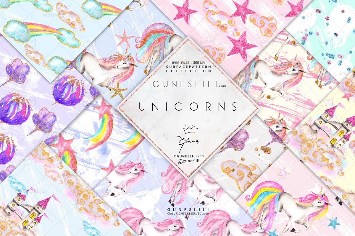 Pastel Unicorn Digital Pattern Pack Watercolor example image 1