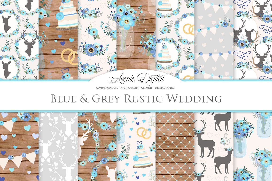 Blue and Grey Wedding Digital Paper - Gray and Blue Rustic Wedding Deer Seamless Patterns example image 1