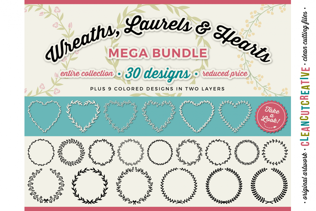 FLORAL MEGA BUNDLE 30 wreaths, laurels and hearts leaf frames - SVG DXF EPS PNG - for Cricut and Silhouette Cameo - clean cutting digital files example image 1