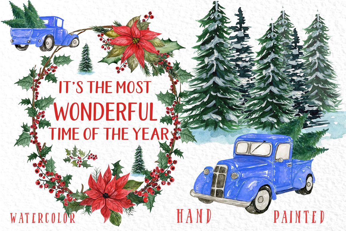 Watercolor Christmas cars clipart, Poinsettias Wreaths example image 1