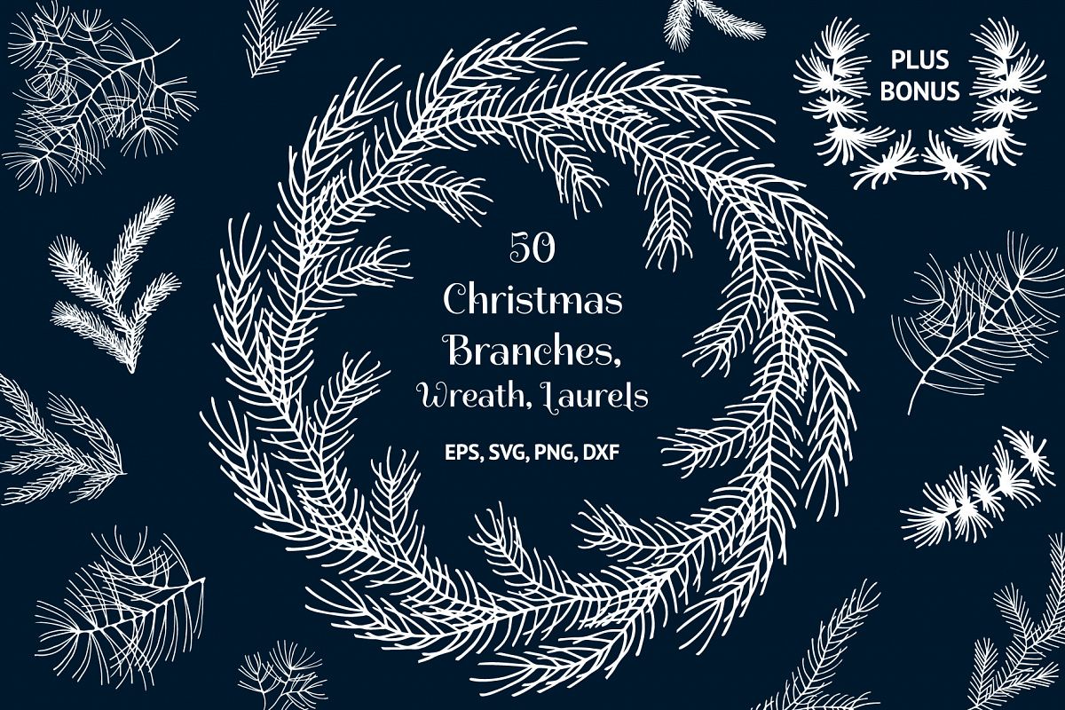 50 Hand Drawn Christmas Branches, Wreaths, Laurels, Dividers example image 1