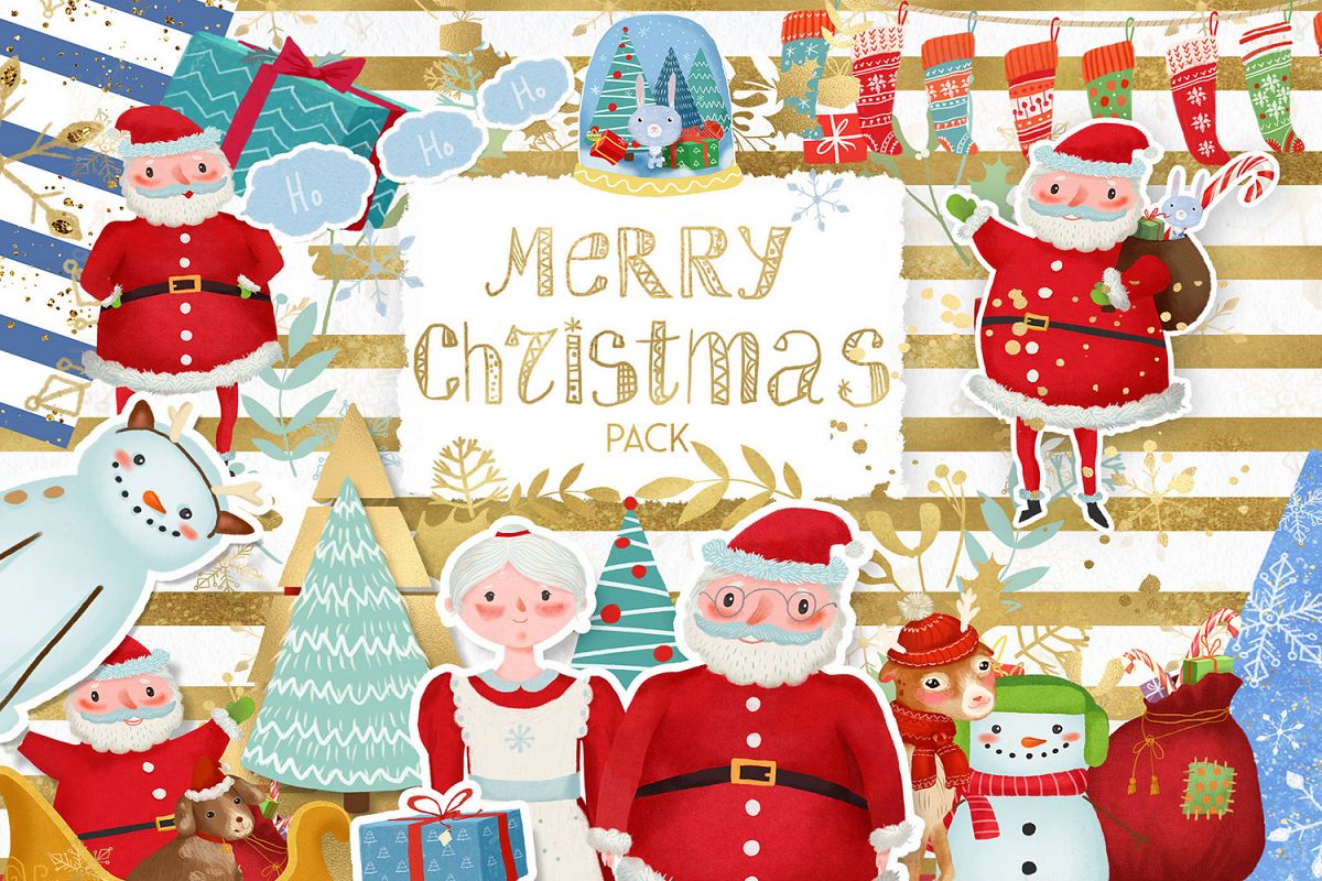 Merry Christmas clipart pack with Santa and digital paper example image 1