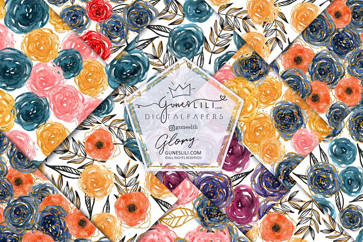 Watercolor Rose Digital Paper Pack Floral Seamless Pattern example image 1