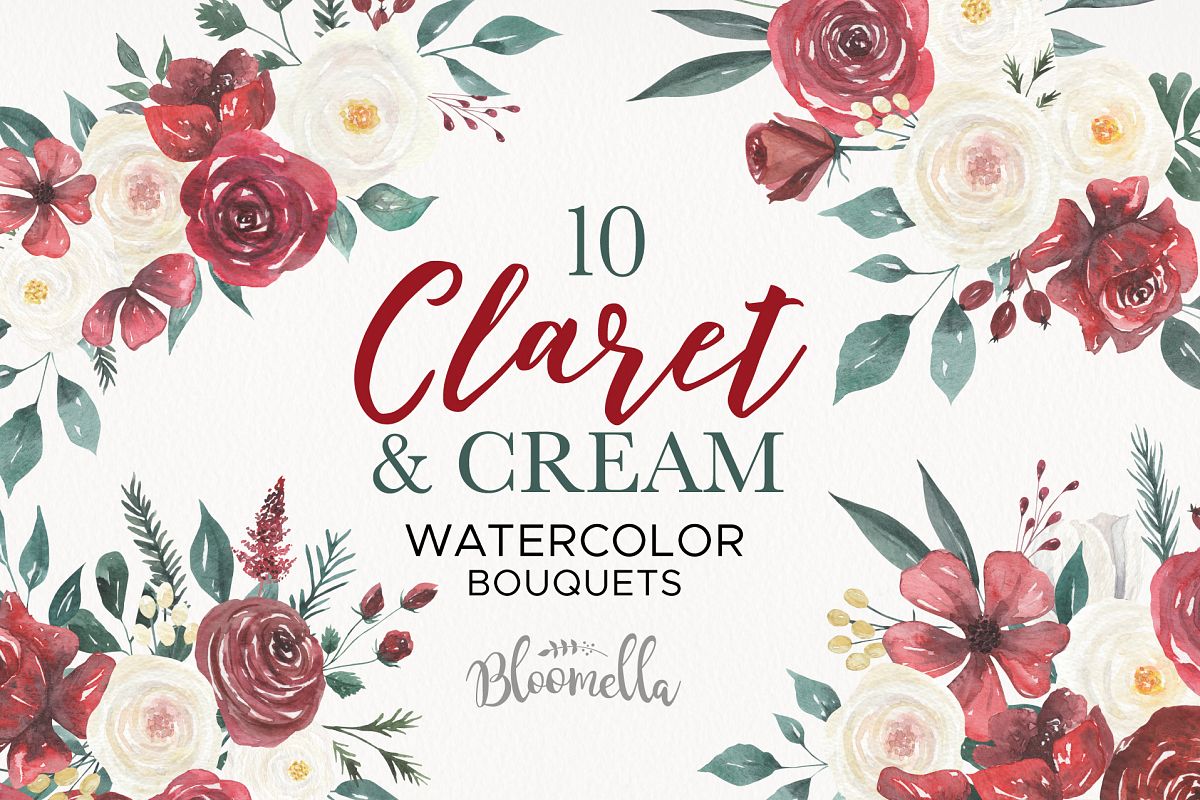 Watercolor Floral Deep Red Cream 10 Bouquets Flower Burgundy example image 1