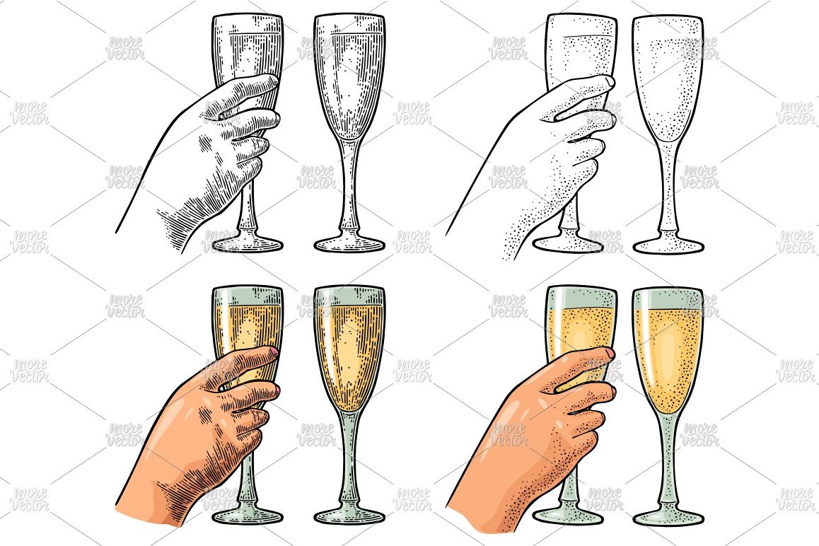 Female hand hold clink glass champagne Vintage engraving example image 1