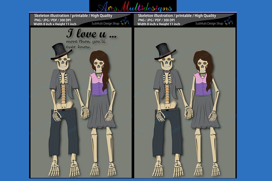 Skeleton illustration / printable / skeleton couple illustrations example image 1