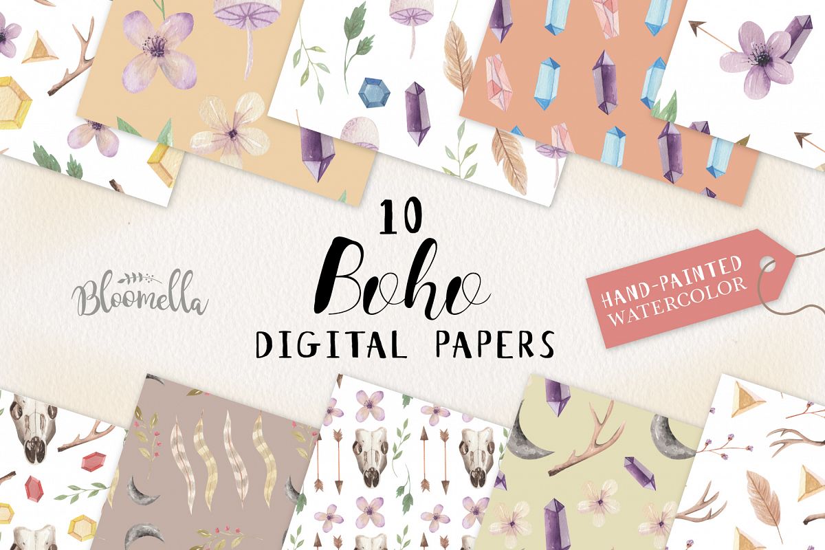 Boho Seamless Patterns Digital Papers Bohemian Feather Gems example image 1