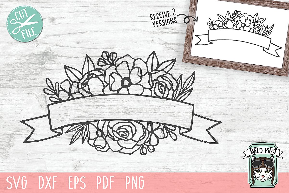 Flower Ribbon Banner SVG file, Flower Border cut file example image 1