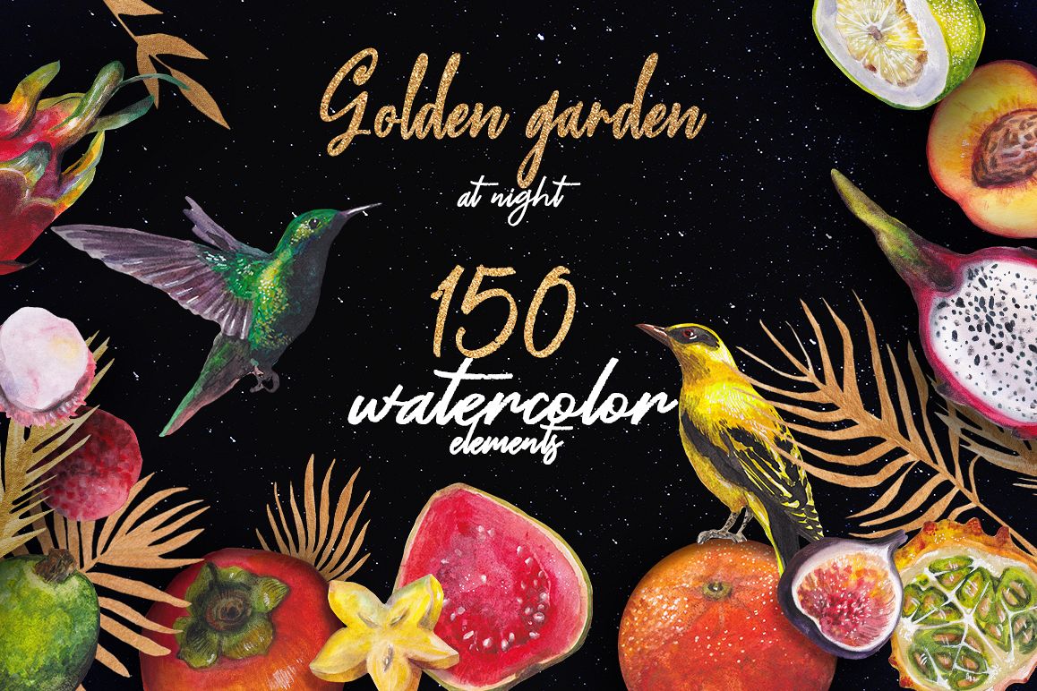 Golden garden at night - watercolor & ink set example image 1