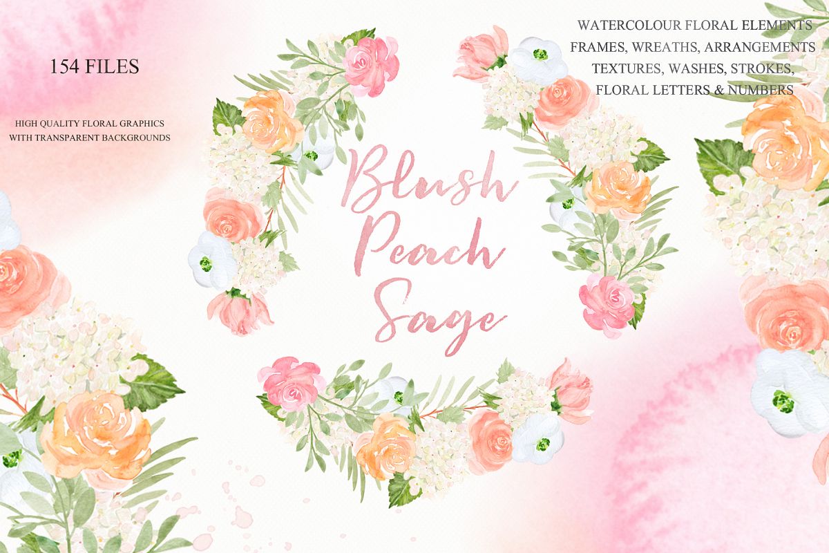 Blush Peach Sage Watercolor flowers clipart example image 1