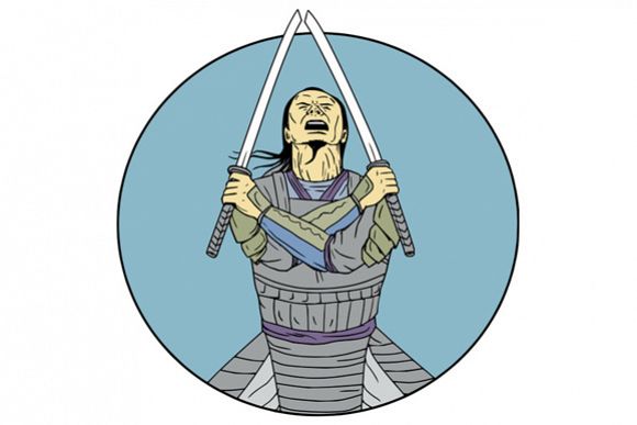 Samurai Warrior Two Swords Looking Up Circle Drawing example image 1