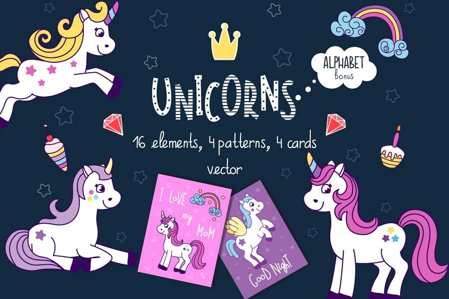 Unicorns vector set and alphabet bonus example image 1