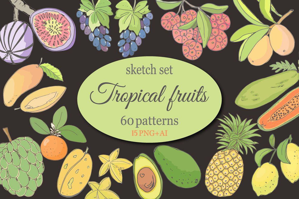 Sketch of tropical fruits. example image 1