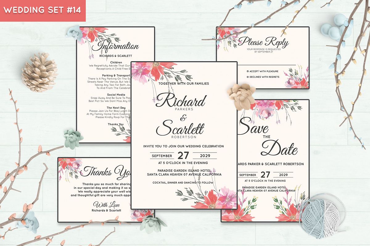 Wedding Invitation Set #14 Watercolor Floral Flower Style example image 1
