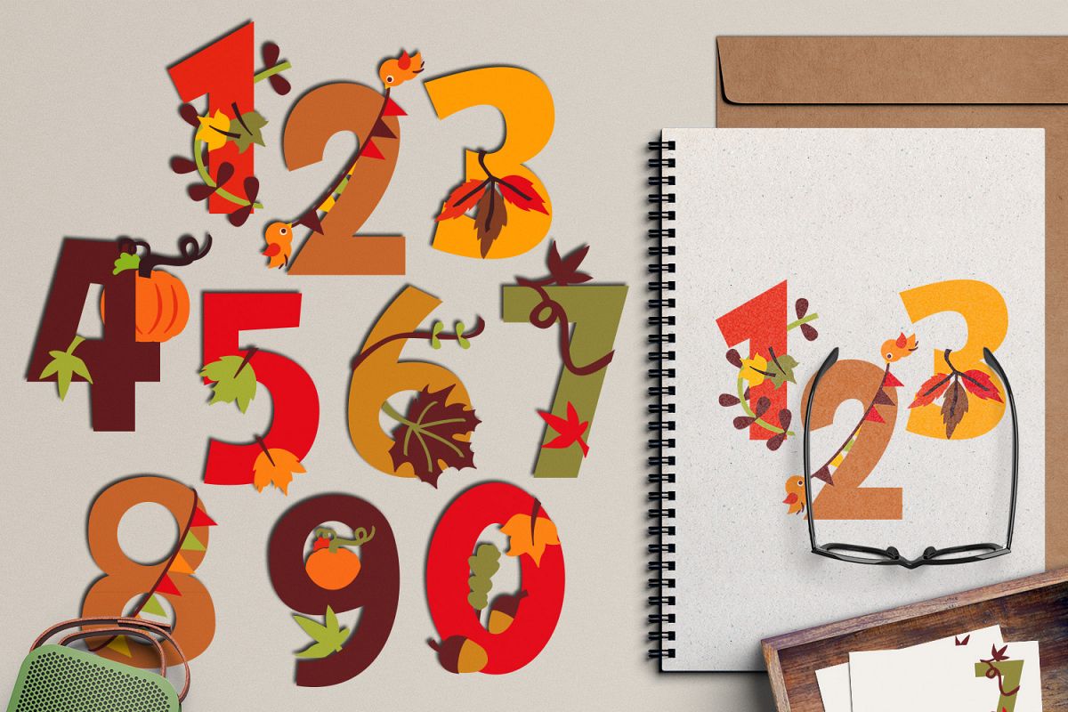 Autumn numbers clipart, fall season graphic illustrations example image 1