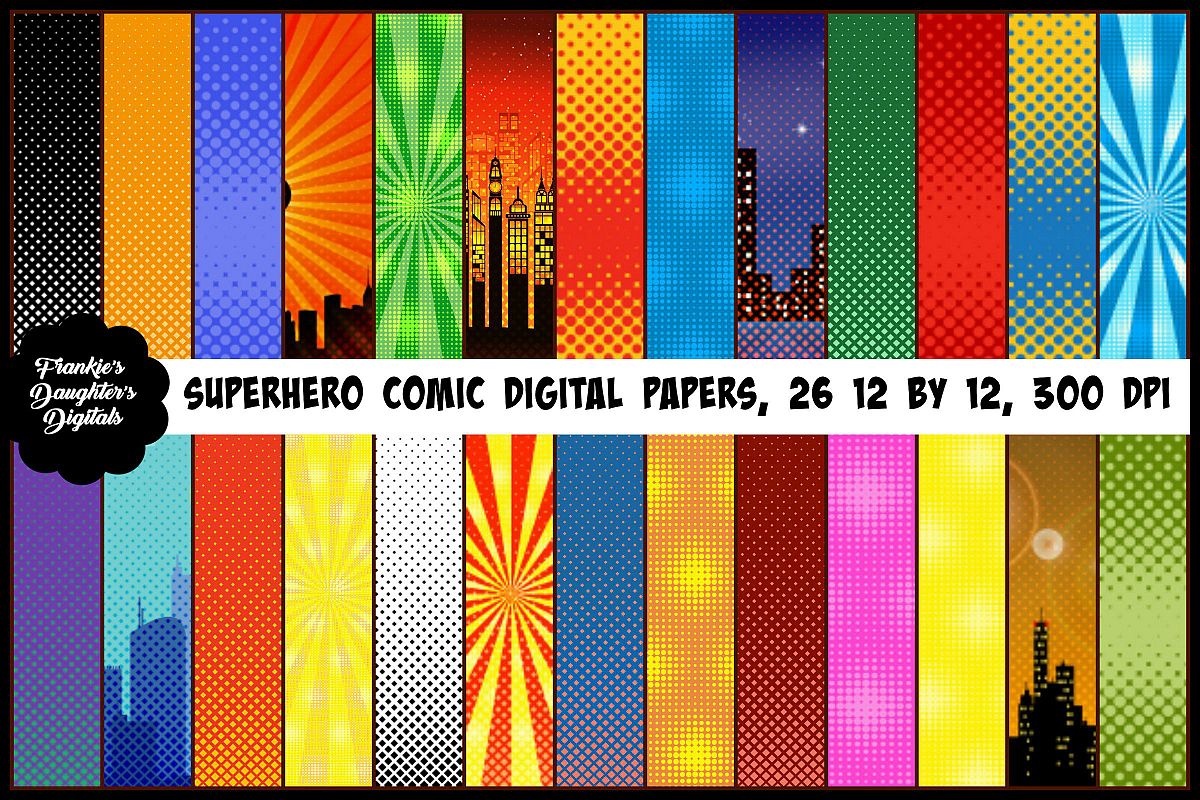 Superhero Pop Art Comic Digital Papers, Halftone Patterns example image 1