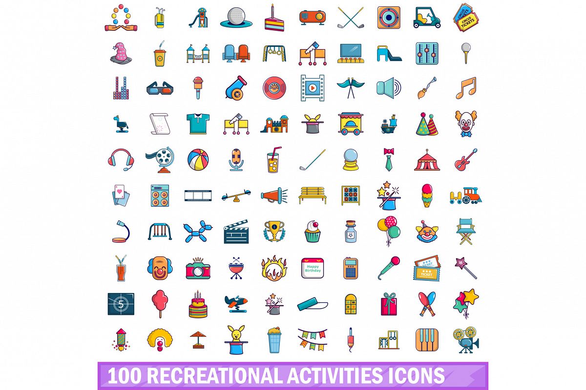 100 recreational activities icons set, cartoon style example image 1