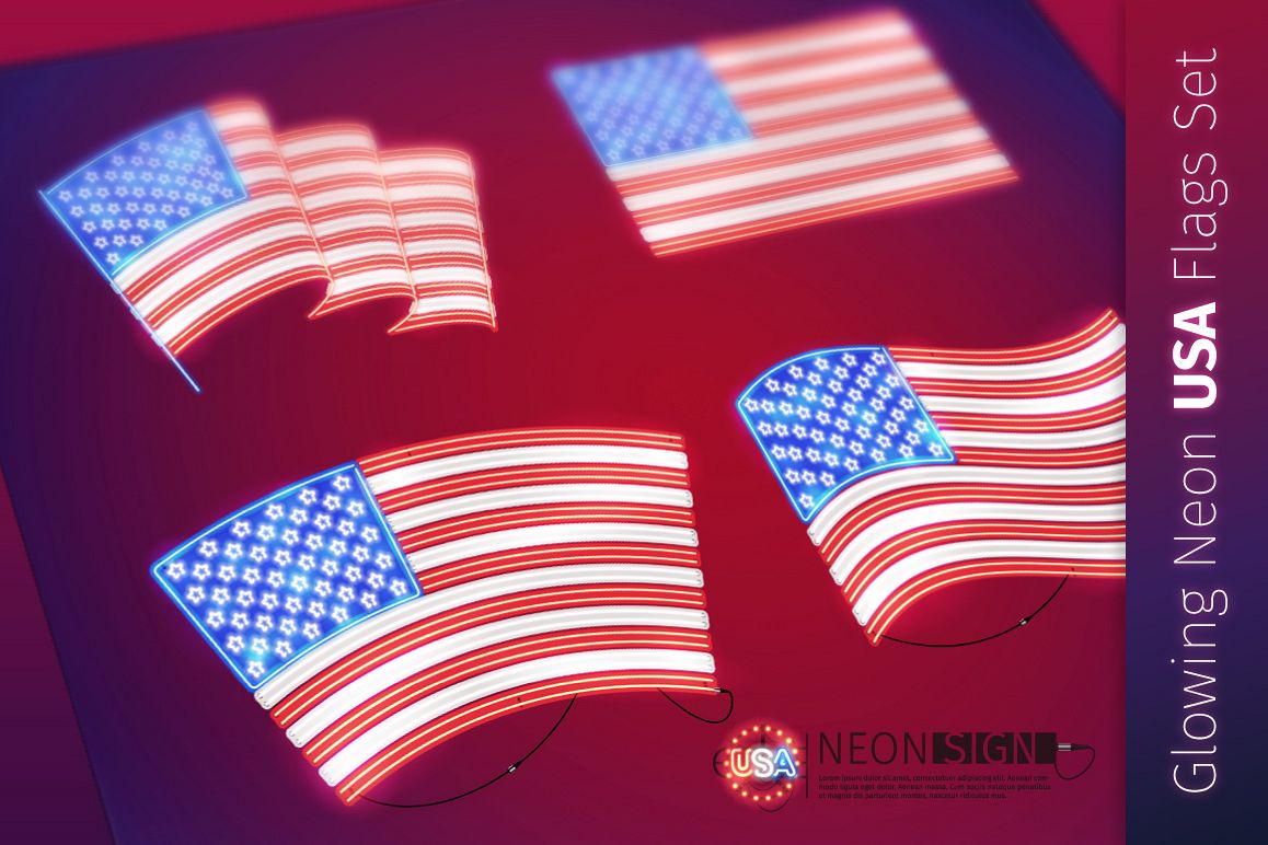 Glowing Neon USA Flags Set example image 1