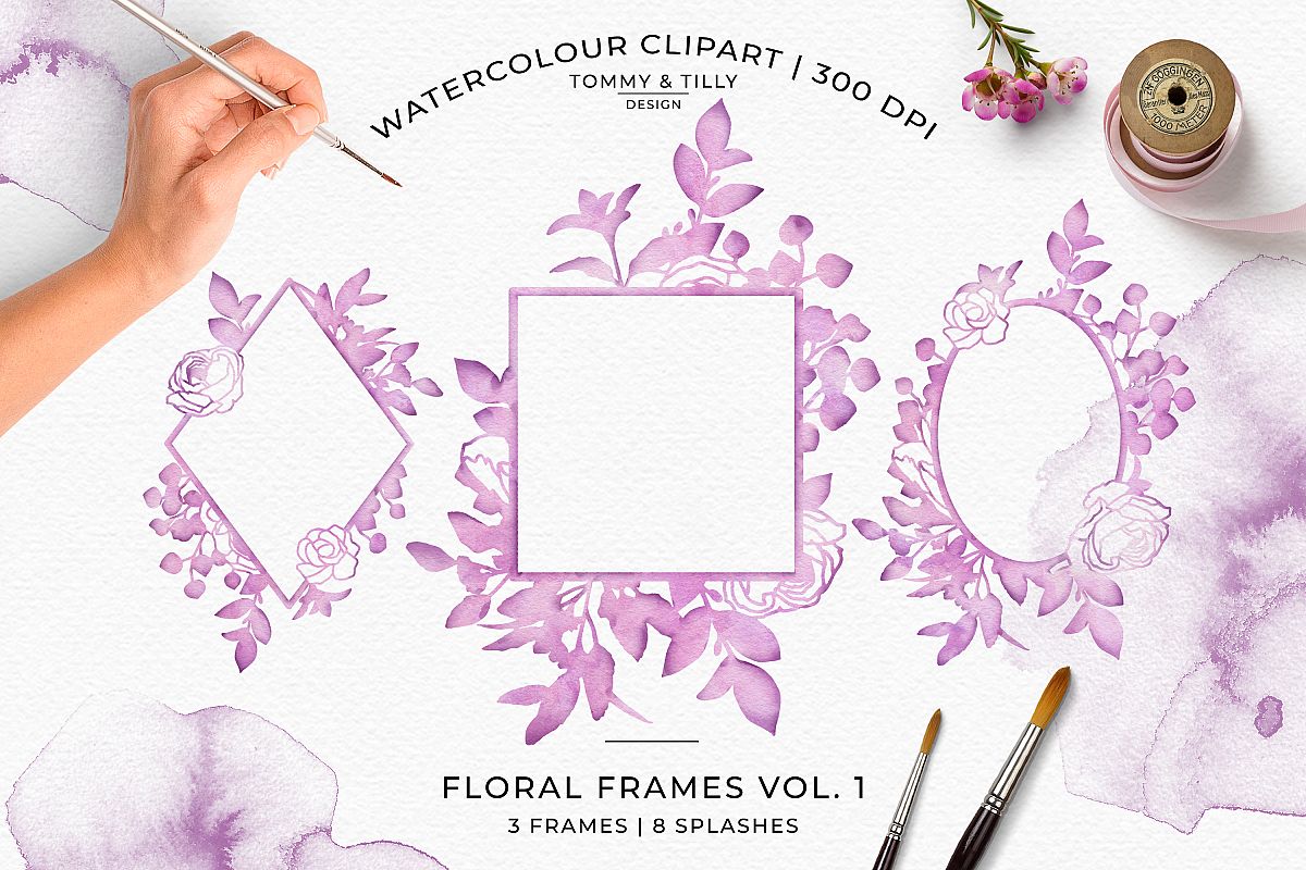 Watercolour Lilac Floral Frames - Wedding Clipart PNG example image 1