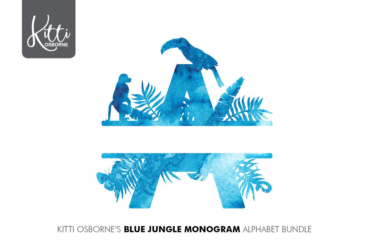 Blue Watercolour Jungle Alphabet Bundle example image 1