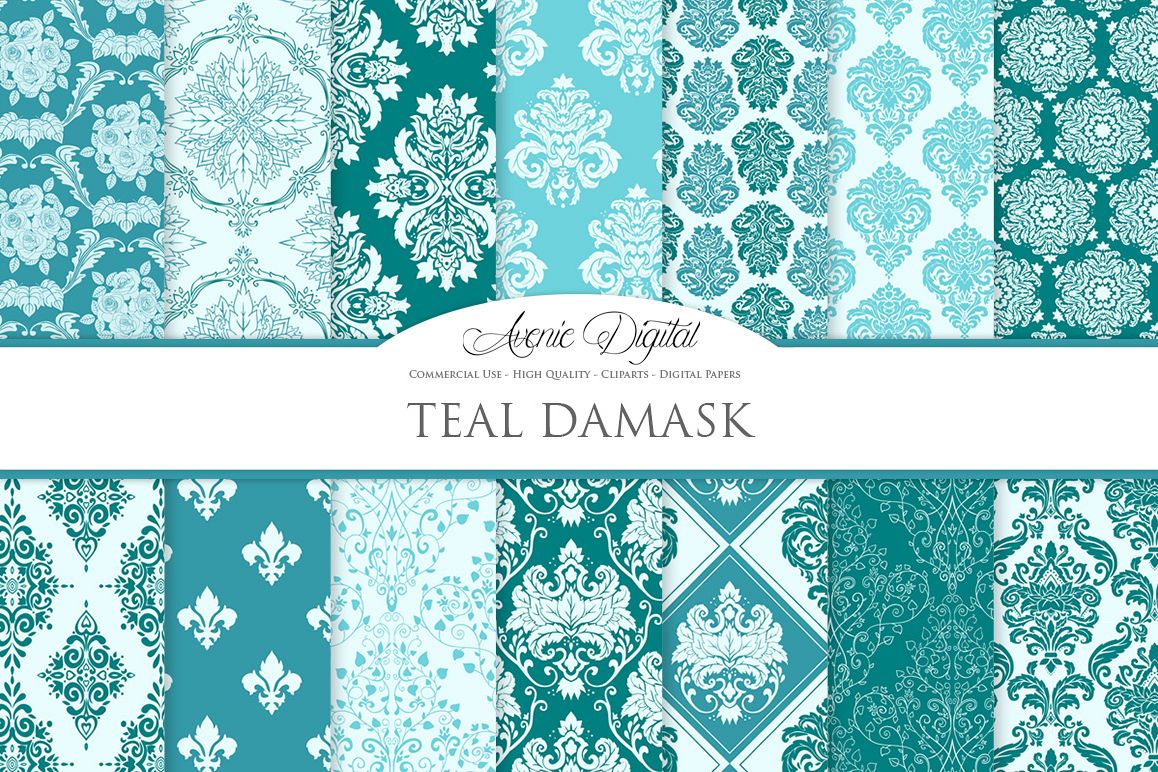 28 Teal Damask Patterns - Seamless Digital Papers Bundle example image 1