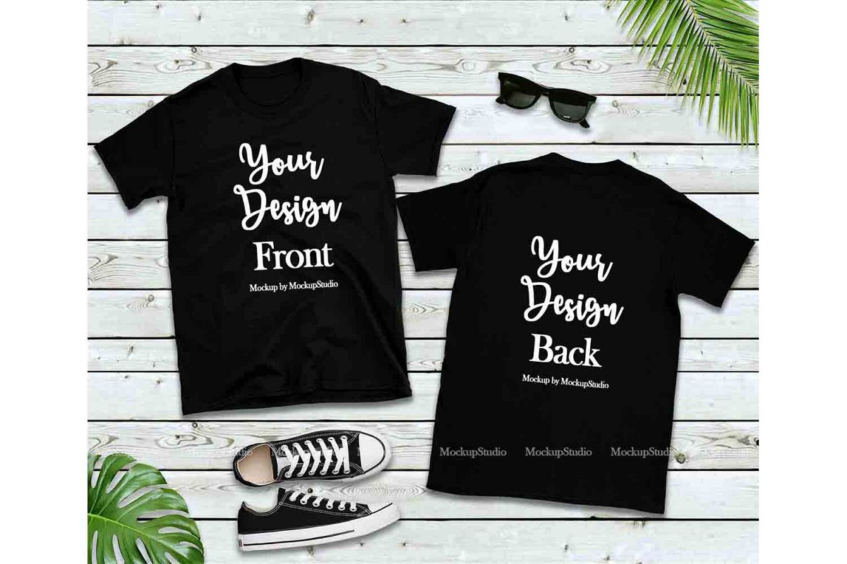 Download Front & Back Black Tshirt Mockup, Gildan 64000 Shirt Mock Up (211669) | Mock Ups | Design Bundles