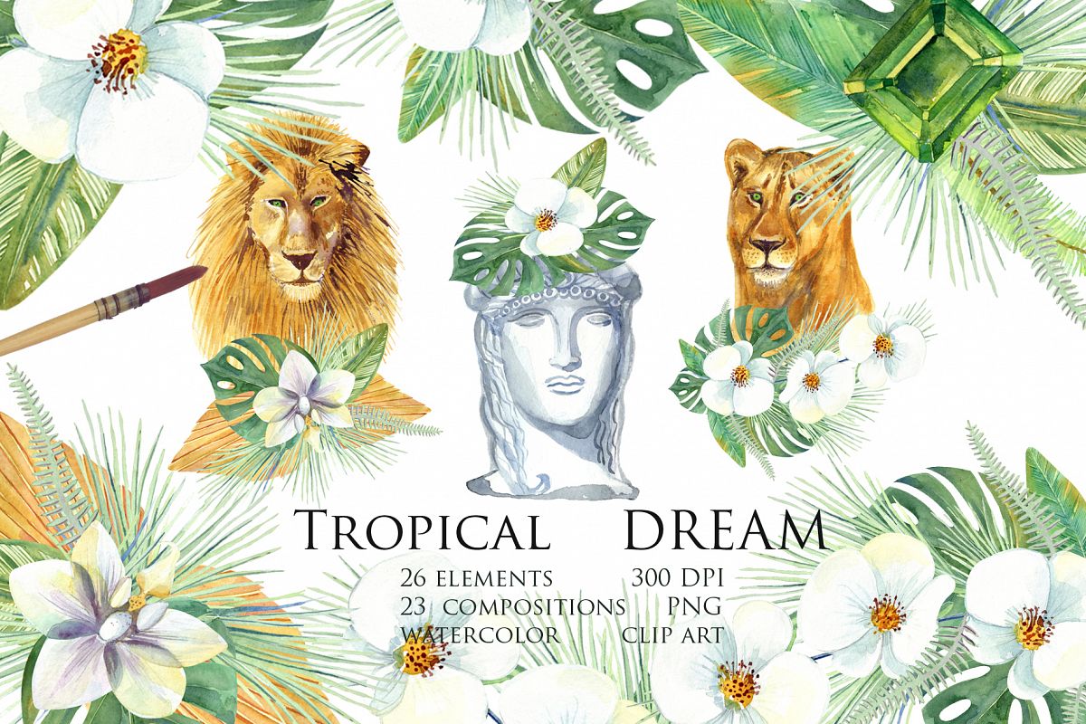 Watercolor Tropical Dream Clip Art example image 1