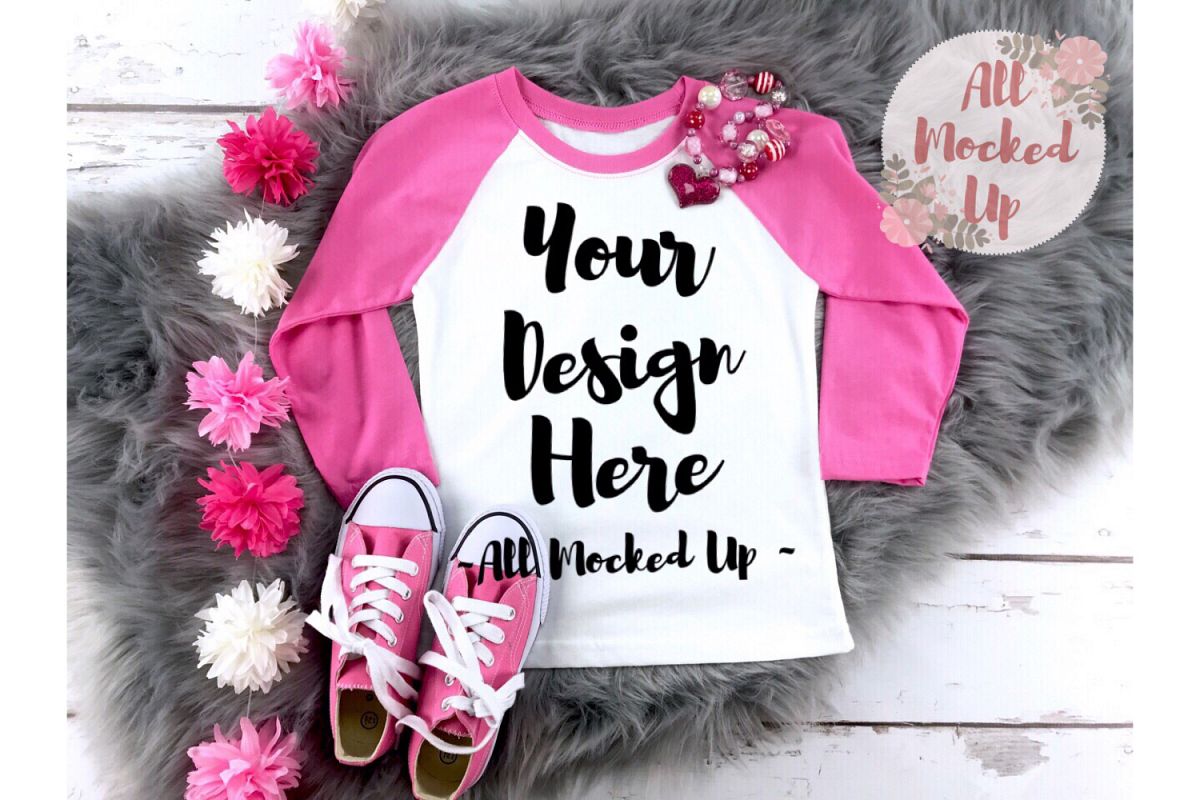 Next Level 3352 Youth Raglan Mock Up - HOT Pink Sleeves example image 1