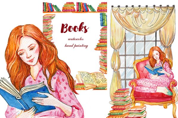 Books clipart, Watercolor girl.Watercolor illustration example image 1