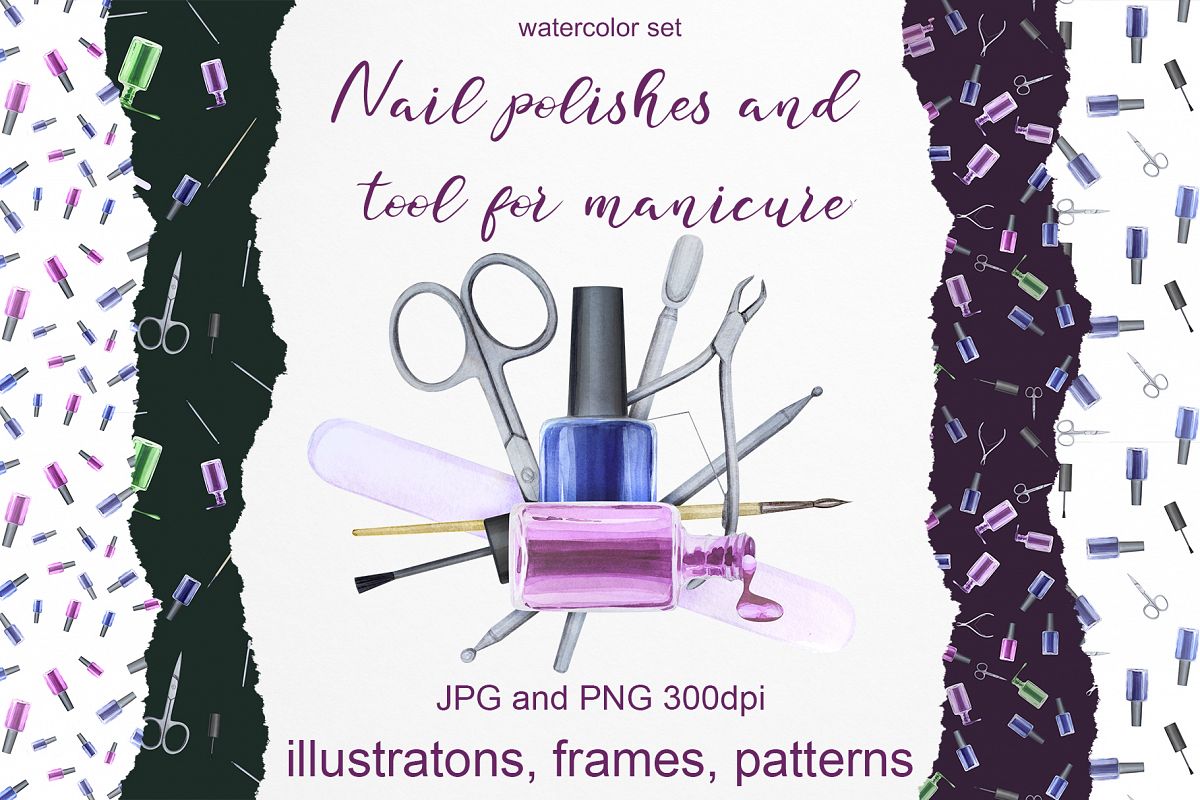 Watercolor set of nail polish. Fashion and beauty manicure example image 1