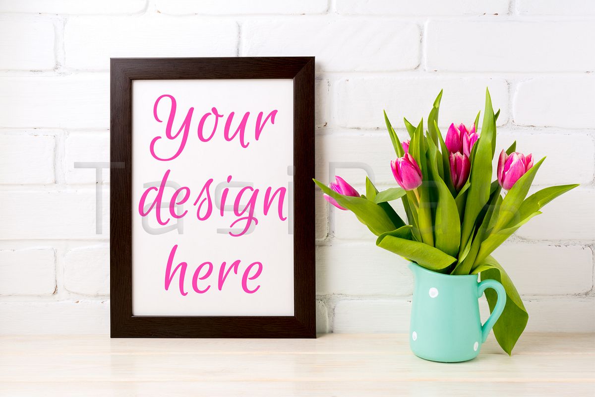 Black brown frame mockup with bright pink tulips bouquet example image 1
