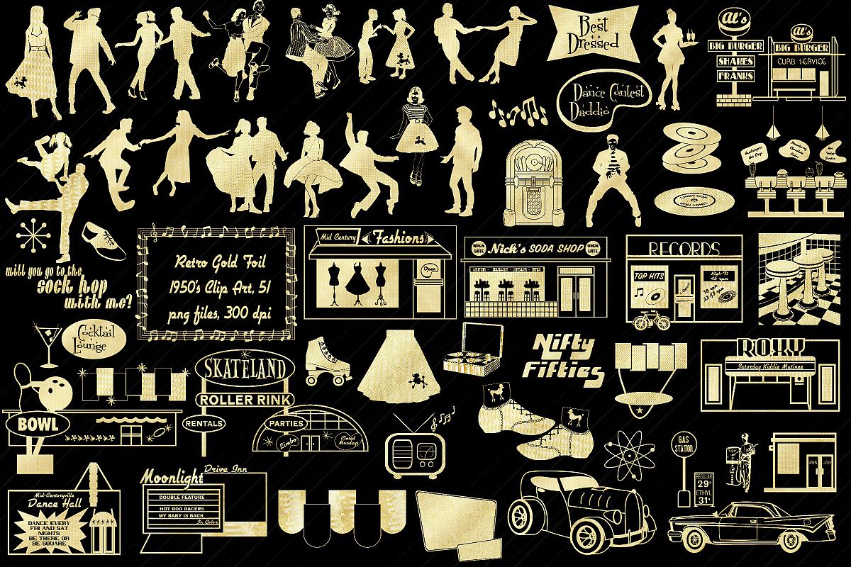 Retro 1950s Gold Foil Life and Party ClipArt example image 1