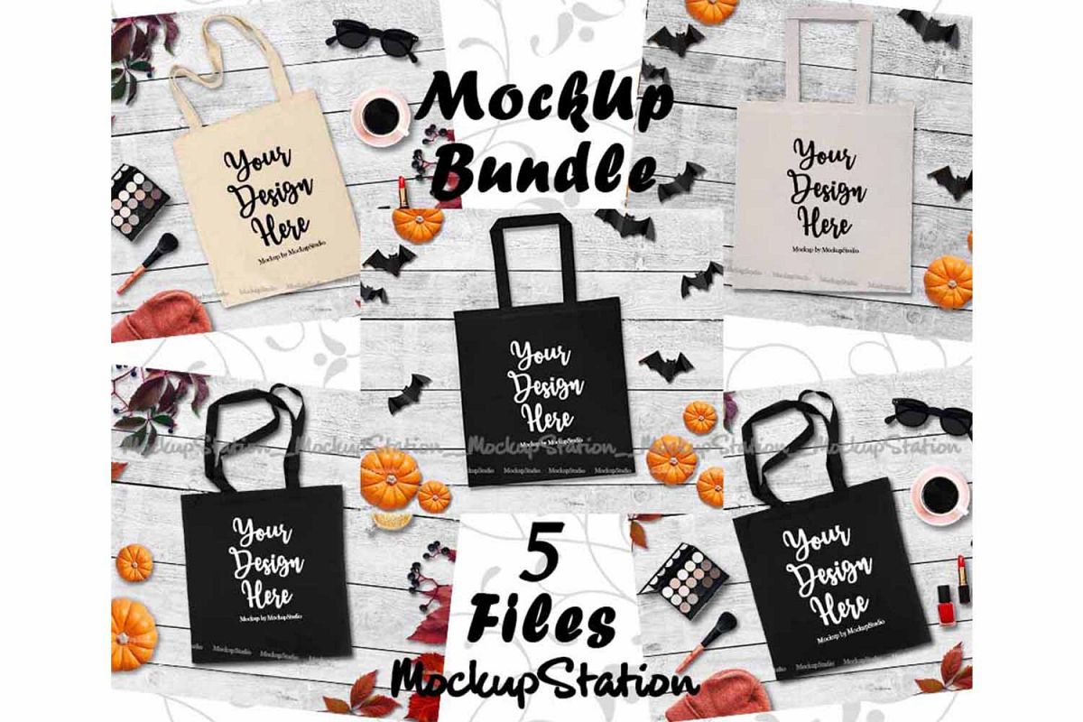 Download Tote Bag Mockup Bundle 5 Images, Fall Grocery Bag Mock Up