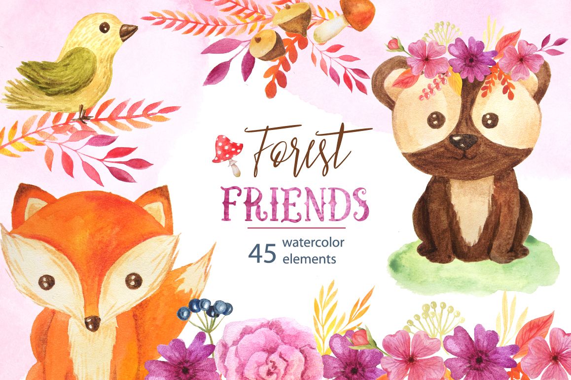 Watercolor Forest Animals Set example image 1
