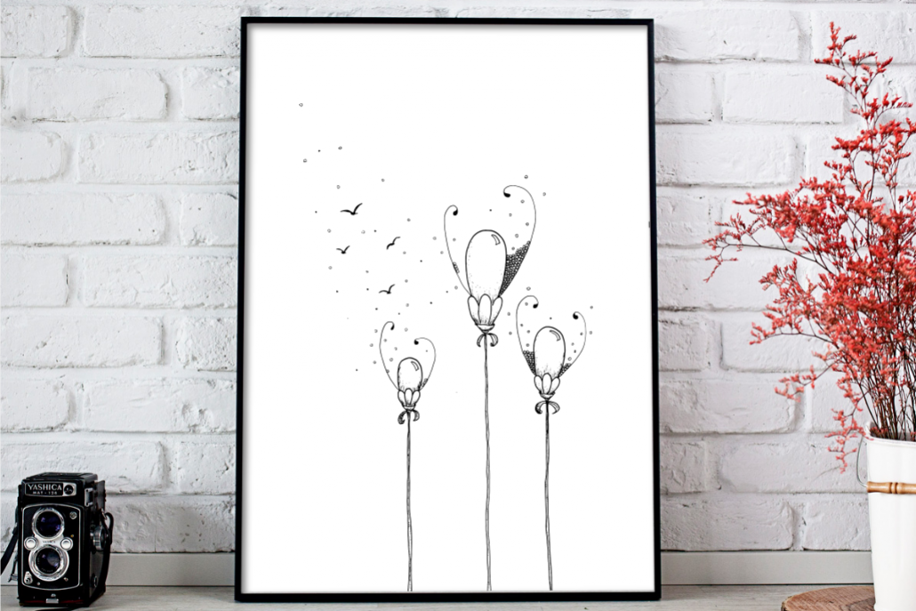 3 Balloon Flowers Ink Art, A1, SVG example image 1