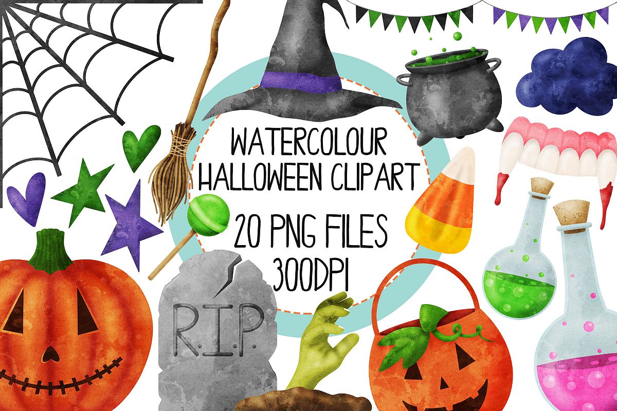 Watercolor Halloween Clip Art Set 2 example image 1