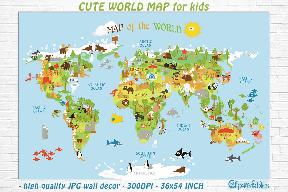 Cute Printable World Map For Kids Gender Neutral Room Art 271662