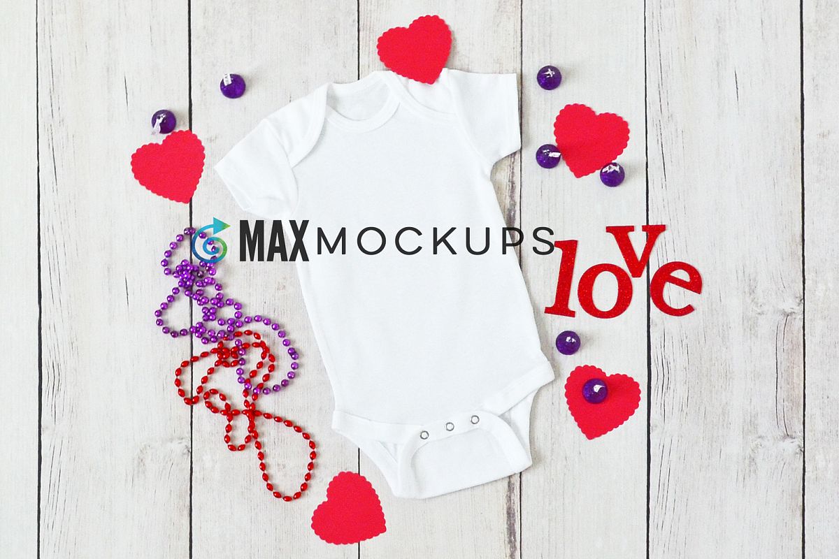 Baby bodysuit Mockup, Valentines love hearts, styled flatlay example image 1