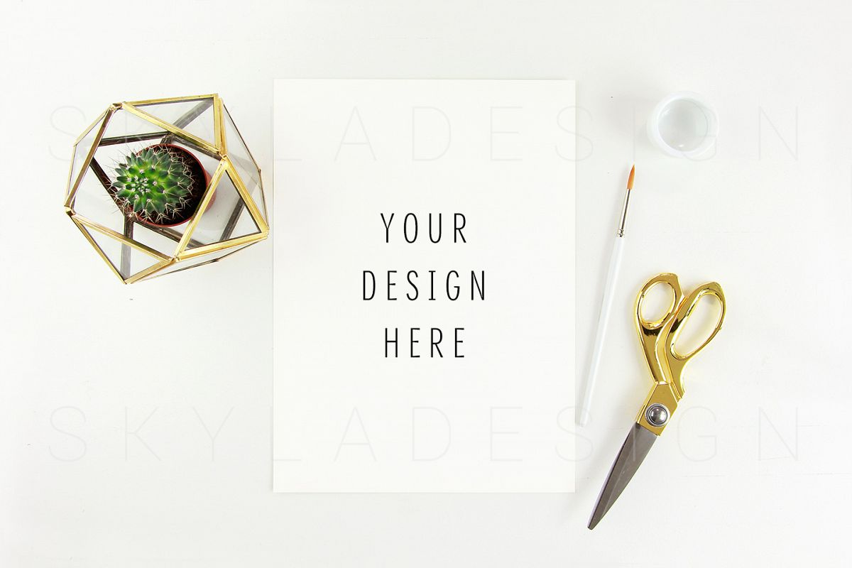 Feminine artist mockup flatlay, gold styled stock example image 1