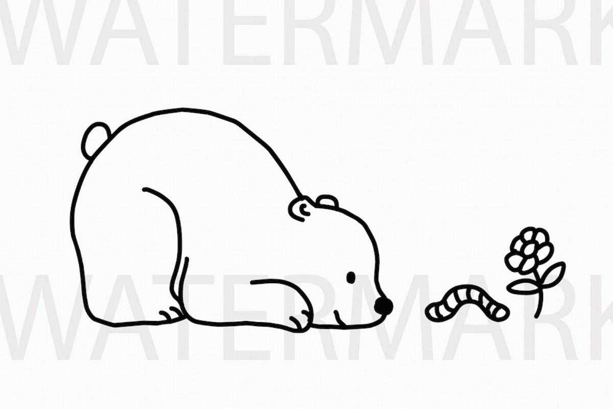 Bear Playing with a worm and flower - SVG/JPG/PNG Hand Drawing example image 1