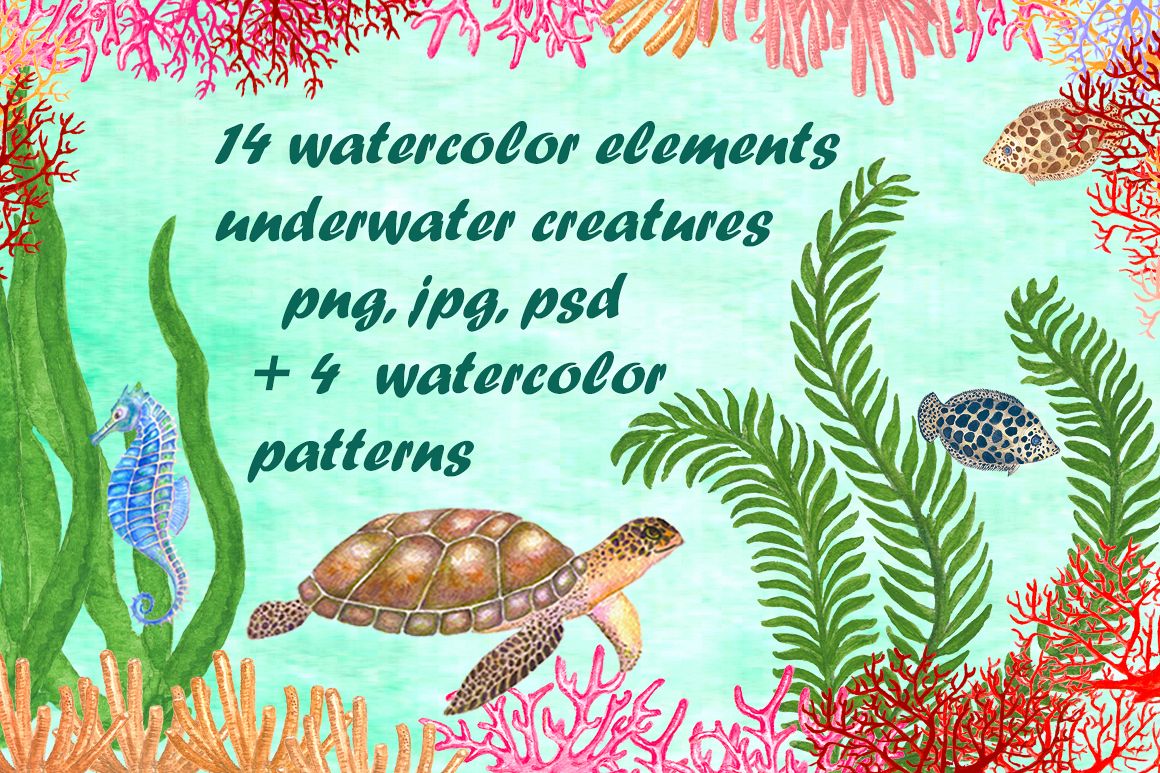 Set of watercolor sea creatures example image 1