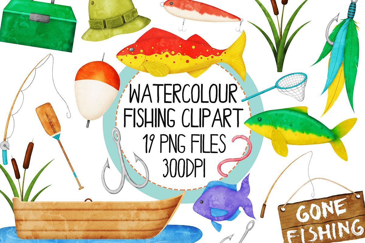 Watercolor Fishing Clip Art Set 1 example image 1