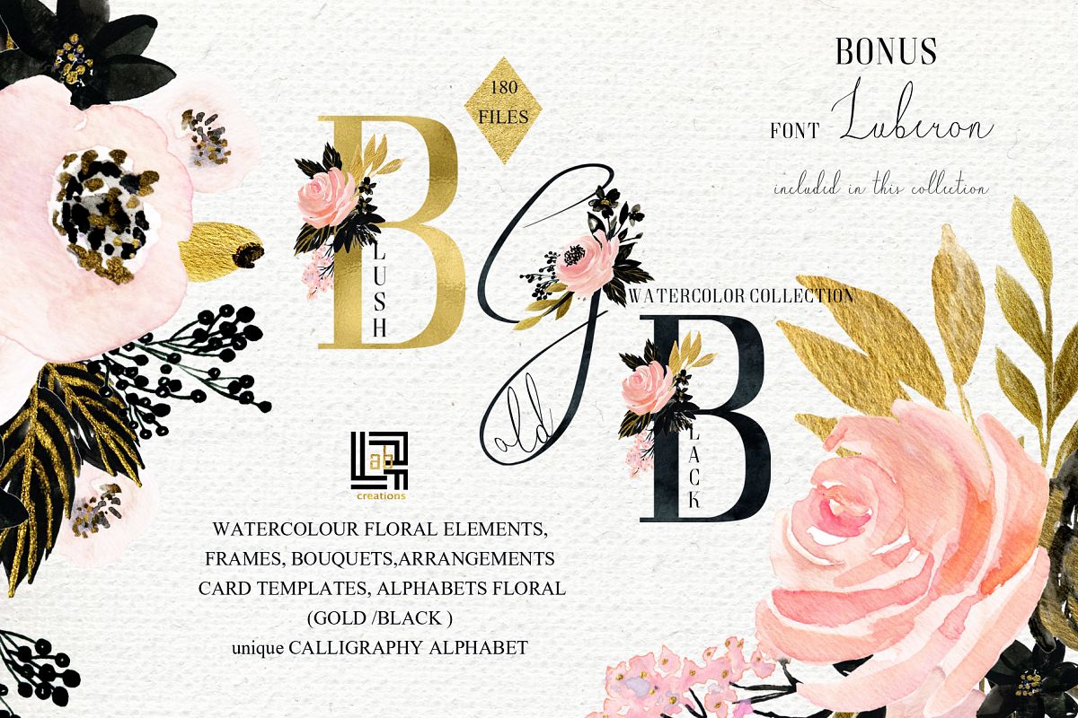 Blush pink Gold Black. Watercolour flowers Digital clipart designer kit. example image 1