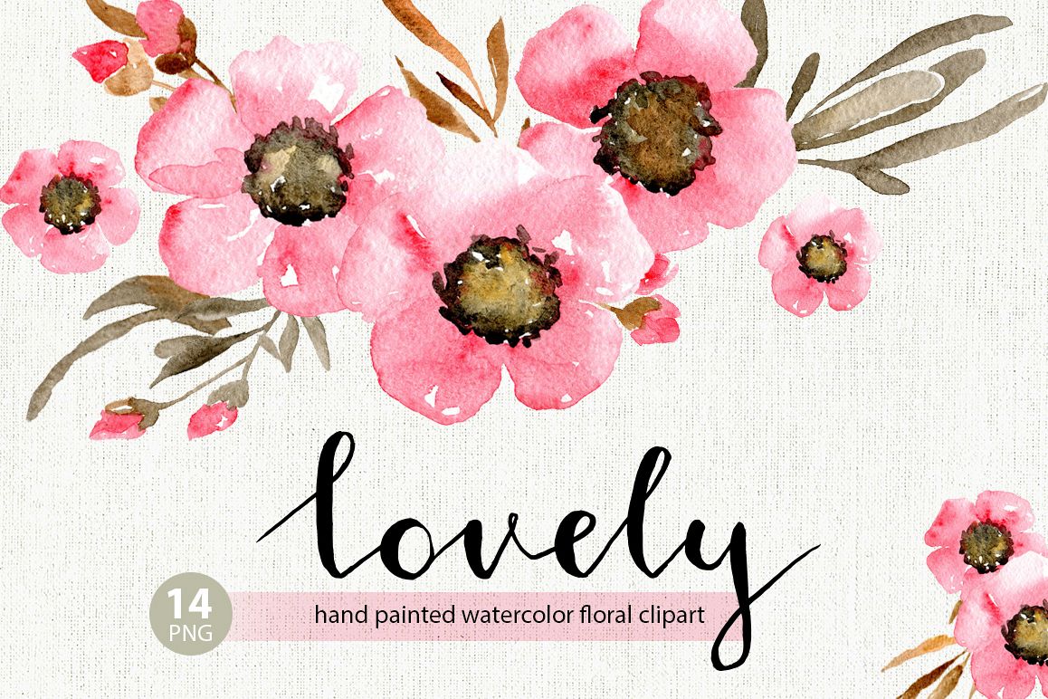 Pink watercolor flowers and brown leaves PNG collection example image 1