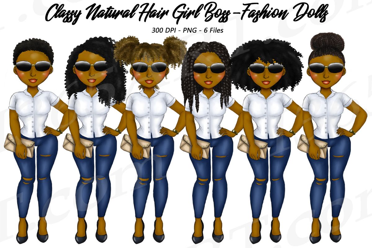 Classy Girl Boss Natural Hair Clipart, Black Girl Dolls example image 1