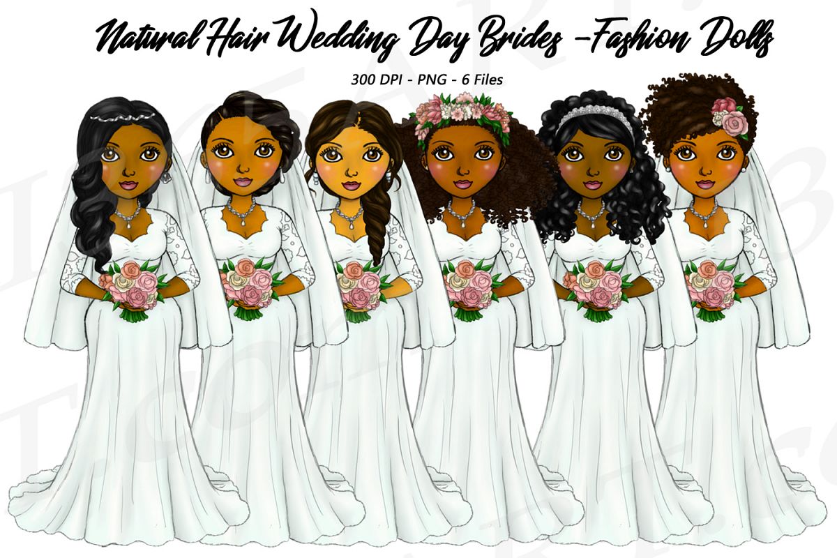 Bride Clipart Wedding Girls, Natural Hair Fashion Dolls, PNG example image 1