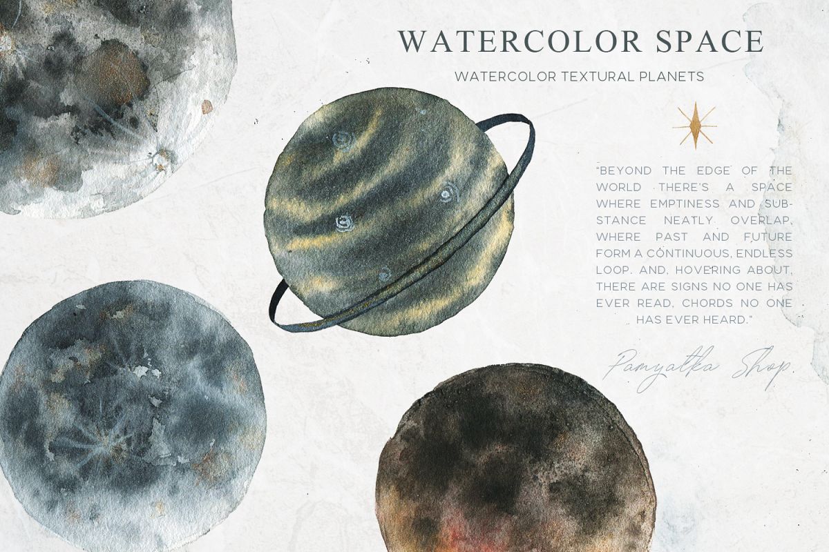Watercolor space planets- moon clipart example image 1