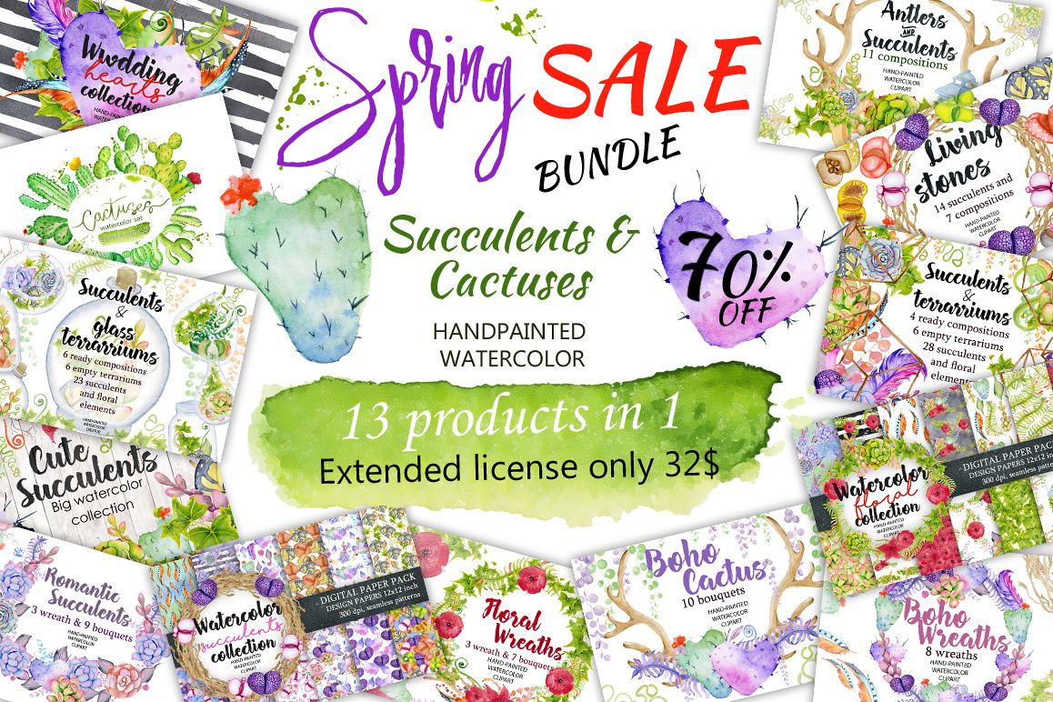 Spring Sale succulents & cactuses watercolor bundle 75% OFF! example image 1